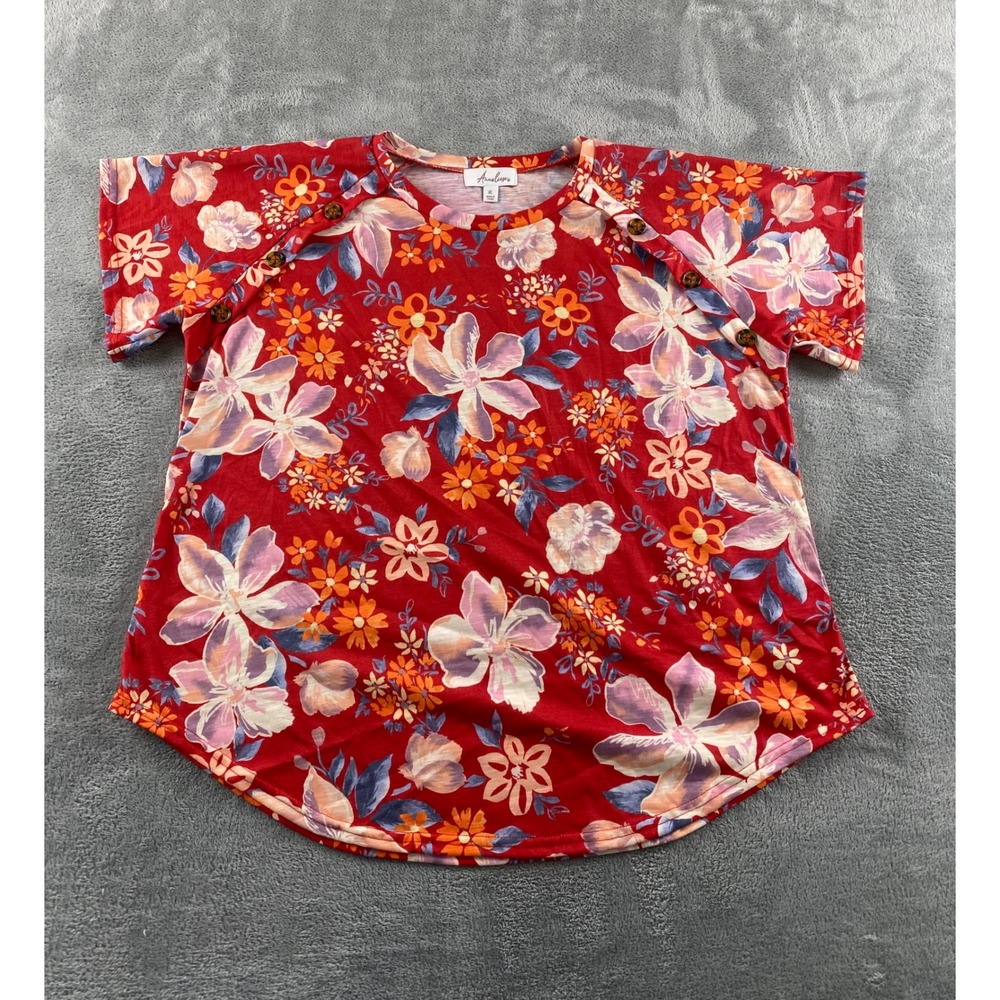 Anneliese Womens Red Floral Short Sleeve Button Shoulder Tunic Top XL